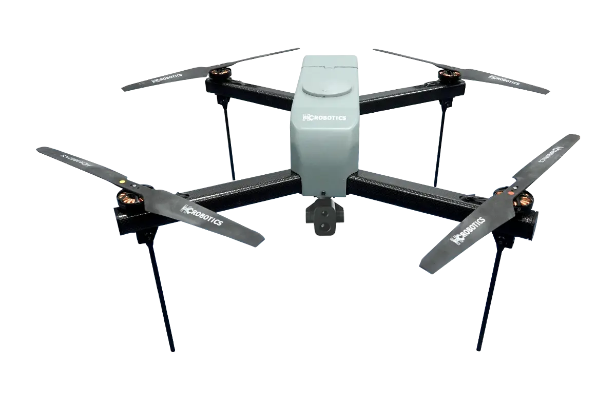 AI Image Processing HC Robotics quadcopter surveillance drone with integrated EO/IR payload, foldable frame and landing gear for defence, ISR and tactical reconnaissance missions.